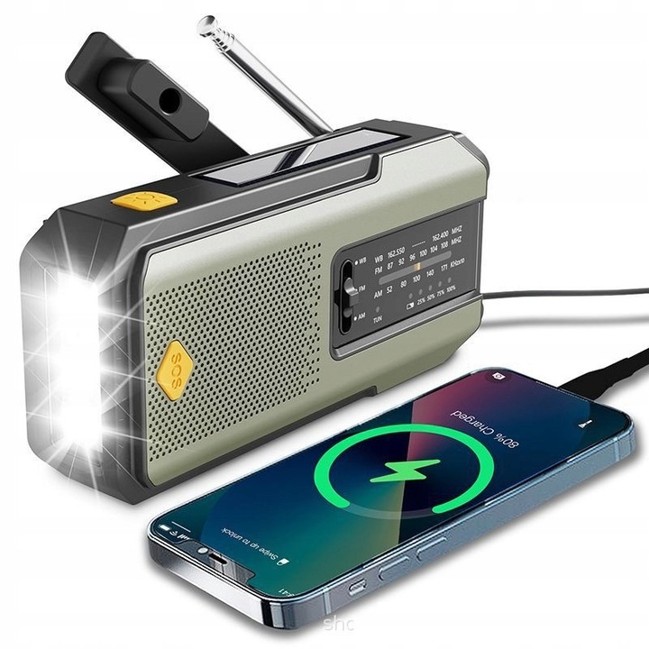 Radio de urgenta cu lanterna LED, powerbank 2000 mAh, alimentare manuala, solara si USB, rezistent la apa, compact