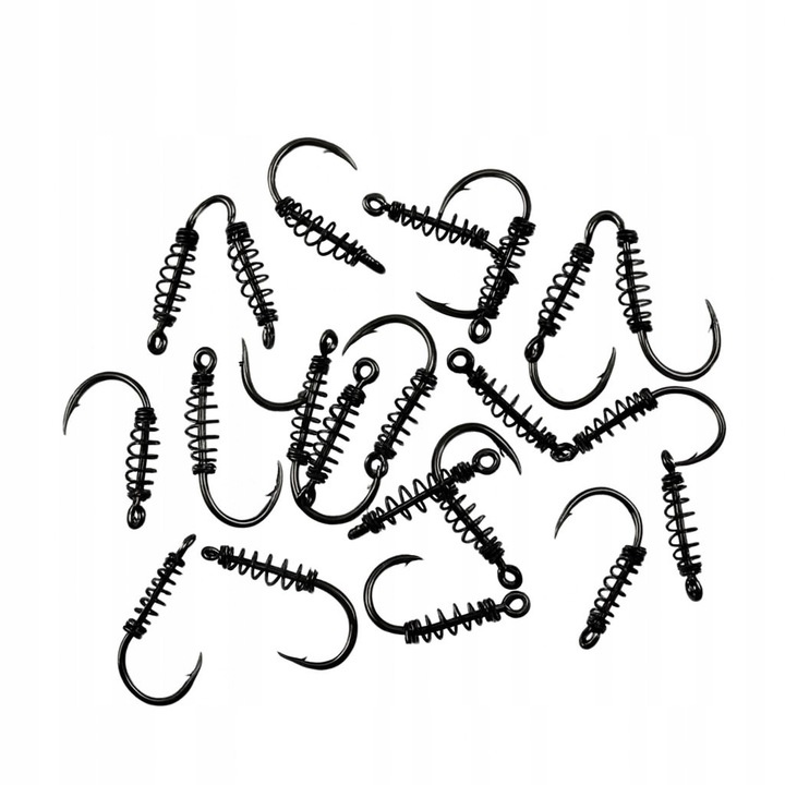 20 db horgászkampó készlet, 7-es méret, matt fekete színű, csalitartó rugóval