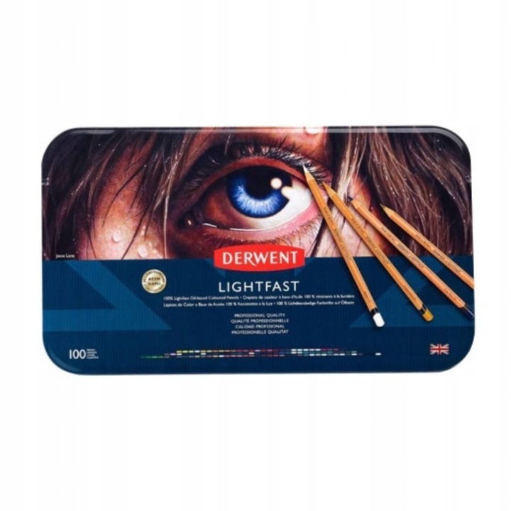 Set 100 Creioane Artistice Derwent Lightfast, Rezistență 100 Ani, Multicolor, Cutie Metalică