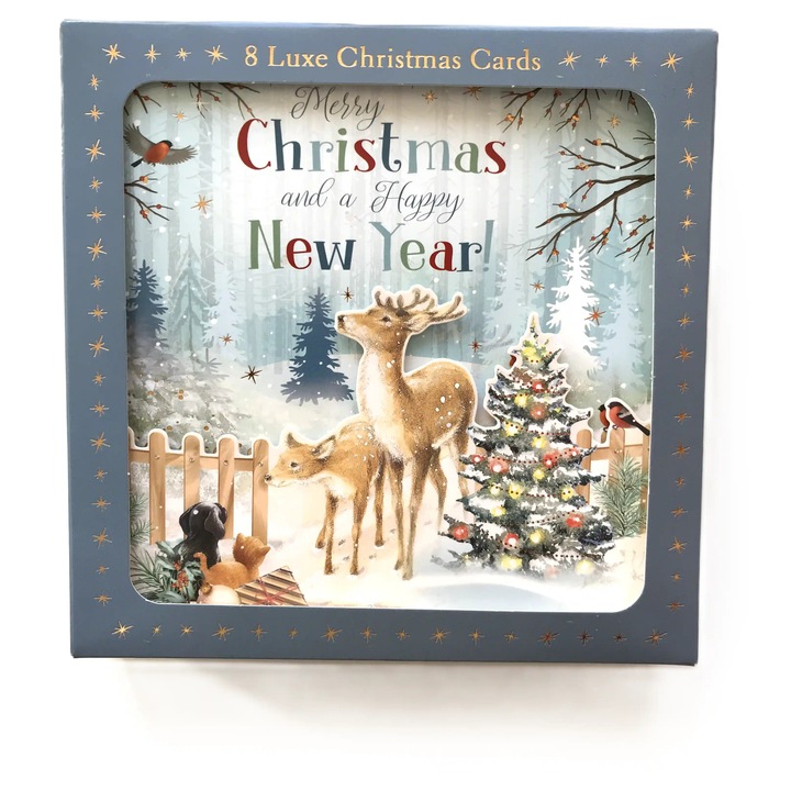 Set felicitari Lux 2 modele Craciun, 4 bucati Om de zapada cu animalute, 4 bucati Caprioara cu pui si brad impodobit, 8 bucati