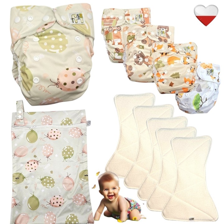 Set scutece reutilizabile Nappime, 5 bucati, diverse modele, multicolor, cu sac pentru depozitare