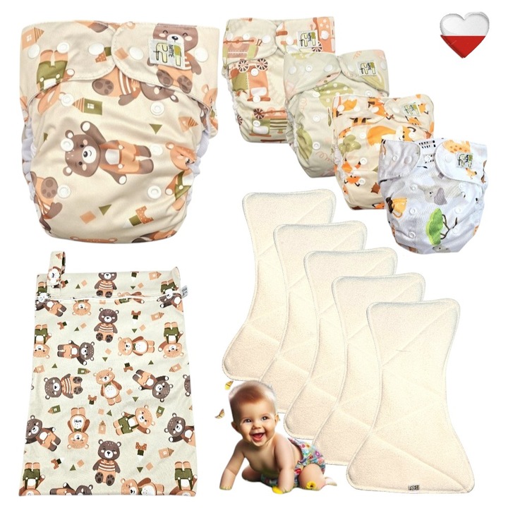 Set scutece reutilizabile Nappime, 5 bucati, diverse modele, multicolor, cu sac pentru depozitare