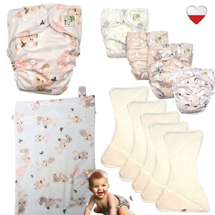 Set scutece reutilizabile AIO Nappime 5 bucati cu sac PUL - iepurasi, curcubeu, pisici, ursi menta, unicorni