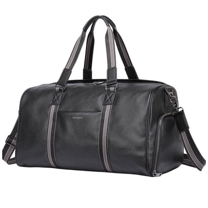 Geantă de voiaj IMODIX, din piele naturală, compartiment pentru încălțăminte, neagră, 46x26x24cm