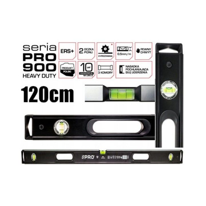 Nivela PRO900 Heavy Duty 120cm, Aluminiu, Frezata, 3 Libele