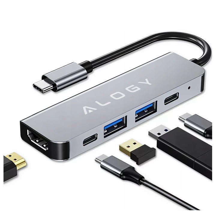 Хъб USB-C 5 в 1 Alogie: HDMI 4K, PD 100W, 2x USB-C, 2x USB-A