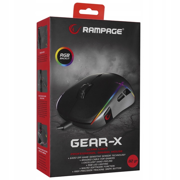 Геймърска мишка Rampage GEAR-X USB, 6400 DPI, RGB, Макро, 9 бутона