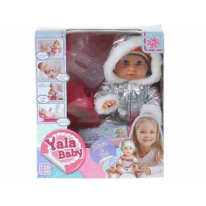 Papusa Adar Bebelus Care Bea si Face Pipi, Set cu Noptiera, Sticla si Suzeta, 25x22x11,5cm