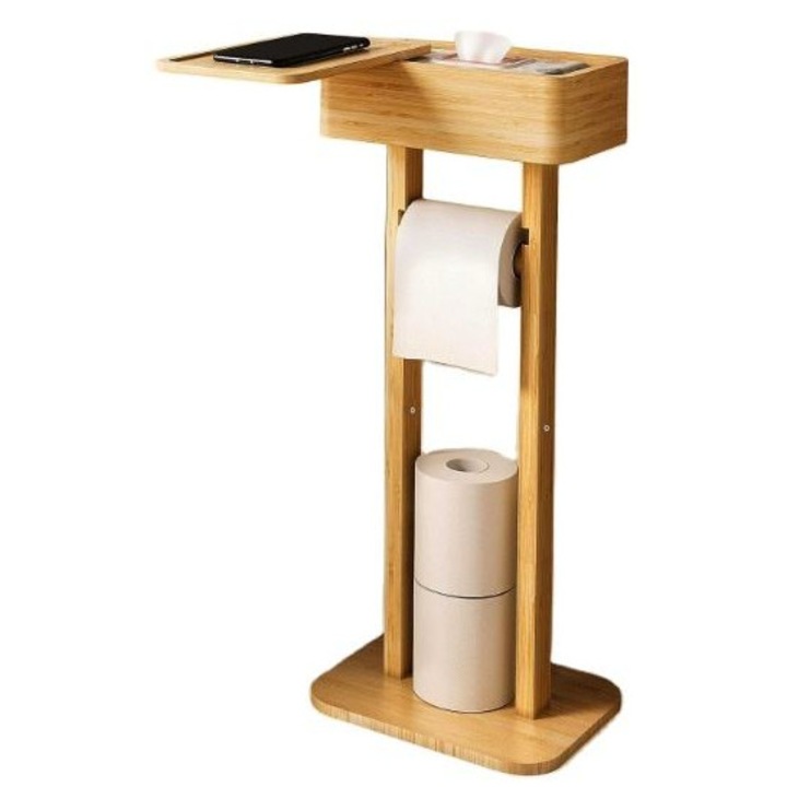 WC-papír tartó, bambusz WC-papír tartó, bambusz, 15x24x65cm, 360°-ban forgatható, szabadon álló WC-papír tartó, szalvétatartó, fürdőszobába alkalmas, bambusz fa színű fürdőszobai dekorációhoz
