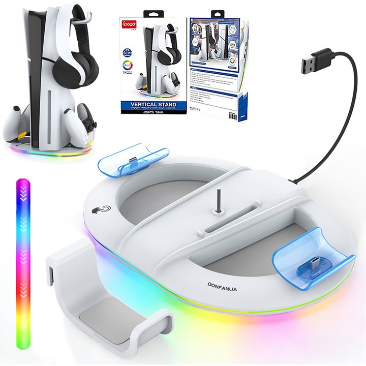 Stand vertical 5 in 1 multifunctional PS5 / PS5 Slim, DONFANLIA®, cu Statie de incarcare dual pentru 2 controllere, Incarcare Rapida, lumina RGB, Stand Vertical Pentru Consola Playstation 5 Digitala/Disc, Alb