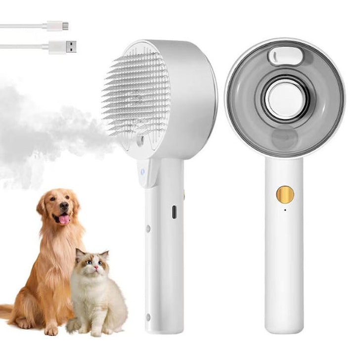 Peria cu Abur pentru Pisici, Omelivon, Perie Dezparazitare 4 in 1, Auto-Curatare, Ingrijire si Masaj pentru Pisici si Caini cu Par Lung sau Scurt, Pentru Curatarea Parului, Alb