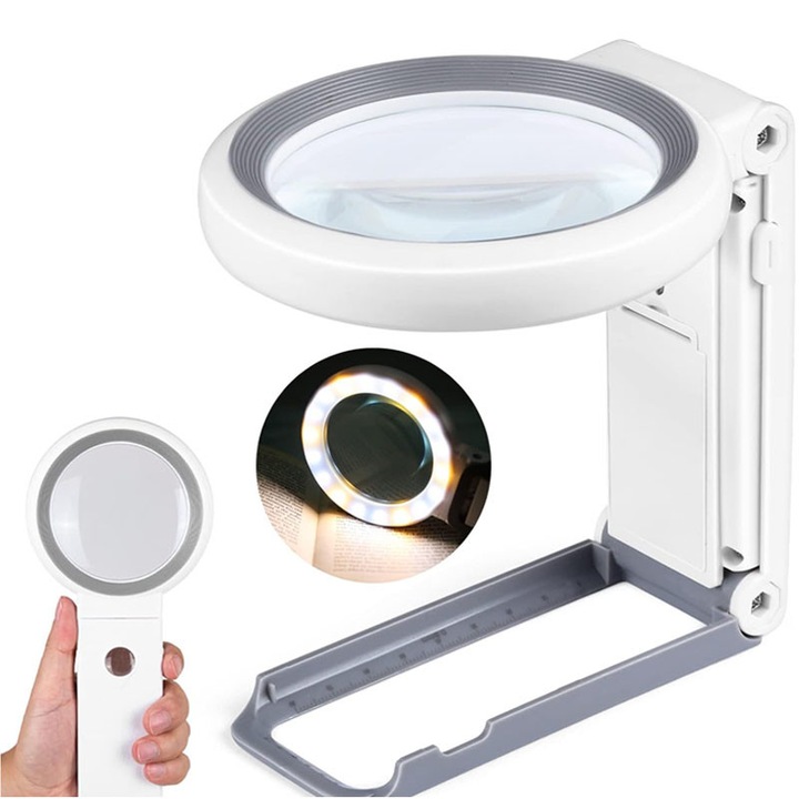 Lupa cu lumina si suport, Omelivon, 30X 10X, Lupa portabila pliabila cu iluminare LED 18 pentru degenerescenta maculara, Ccitit pentru persoanele in varsta, lucru la distanta mica, monede, bijuterii