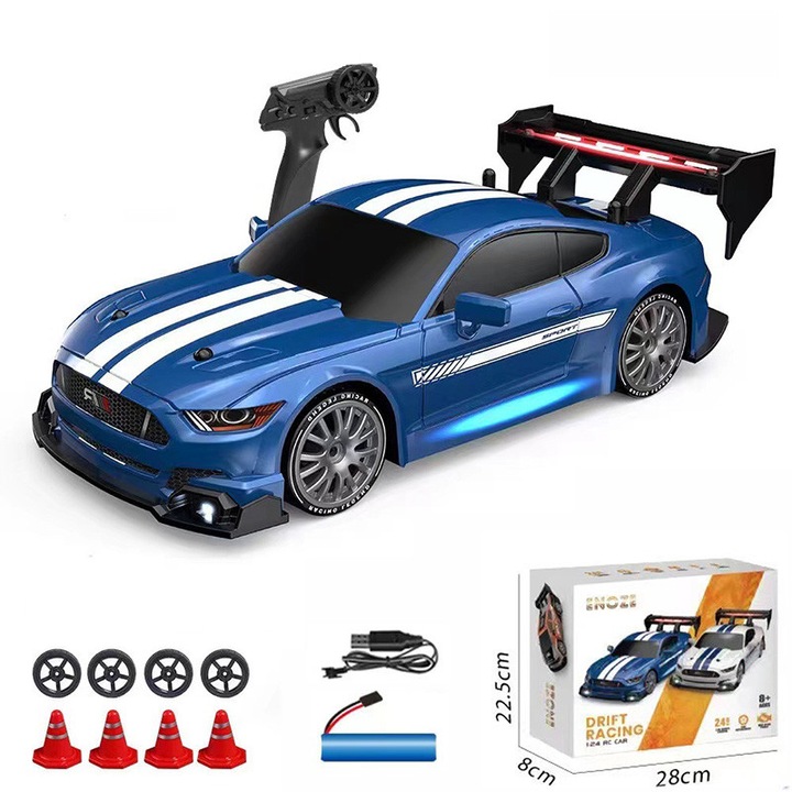 Masina cu telecomanda RC, 1:24, tractiune integrala, viteza maxima 20 km/h, iluminare LED, Timebox, Drift car, cauciucuri interschimbabile, 1 baterie reincarcabila tip acumulator inclusa, jucarie pentru copii 7 ani+ si adulti, Albastru