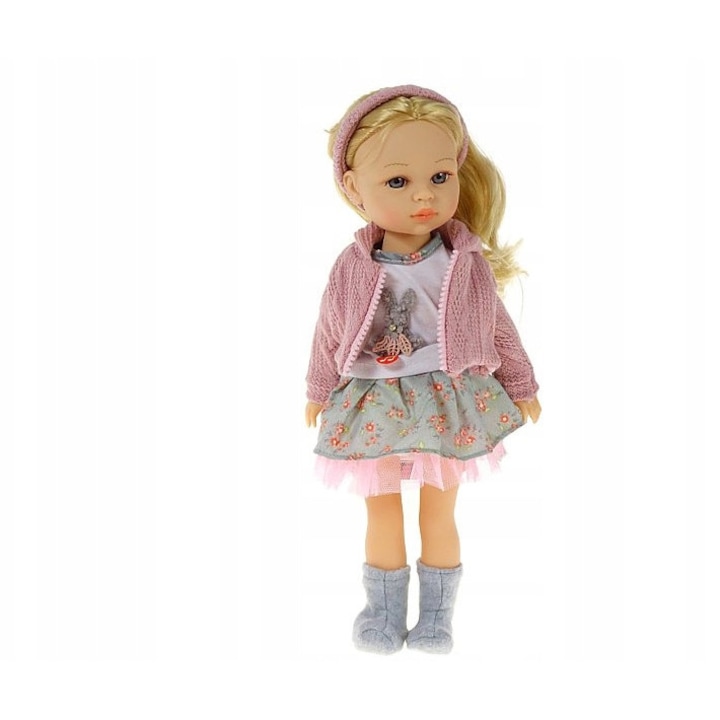 Papusa ADAR, 38cm, canta si vorbeste in limba poloneza, set cu patut si lenjerie, roz, par blond