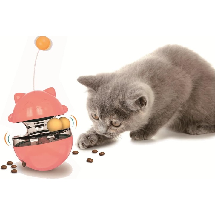 Dispenser de recompense pentru pisici, jucarie interactiva, design interesant, roz, 15cm