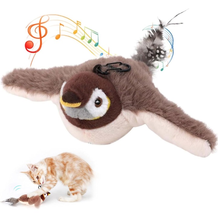 Jucarie interactiva pentru pisici, pasare ciripitoare cu aripi mobile, material de calitate, 25cm, set pentru pisici si caini