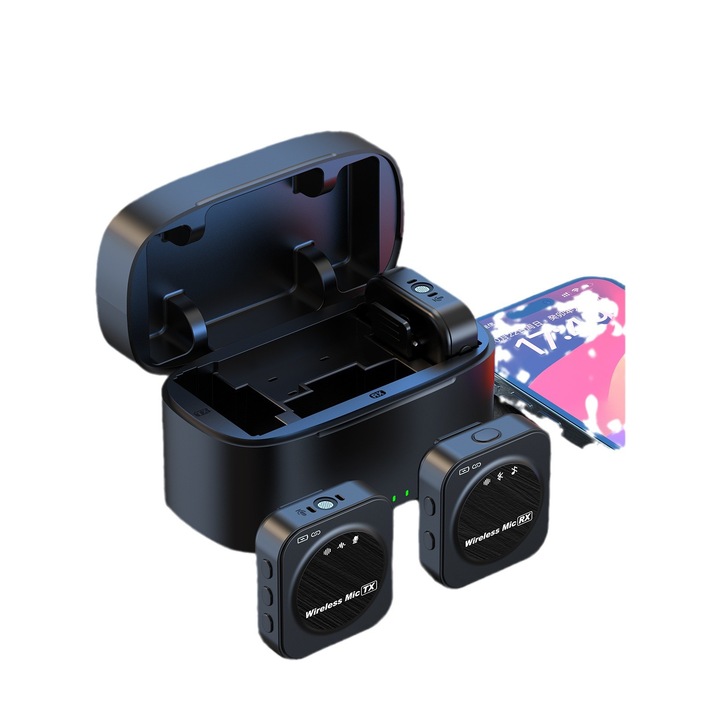 Microfon lavalier wireless J58, set cu doua microfoane, cu compartiment