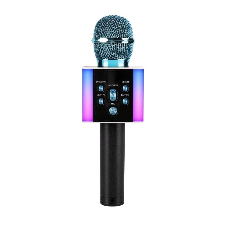 Microfon karaoke wireless, albastru, cu difuzor Bluetooth, model patrat