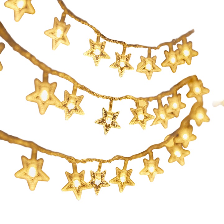 Instalatie de Craciun, lumini LED in forma de stea, moduri intermitent si constant, alb cald, set