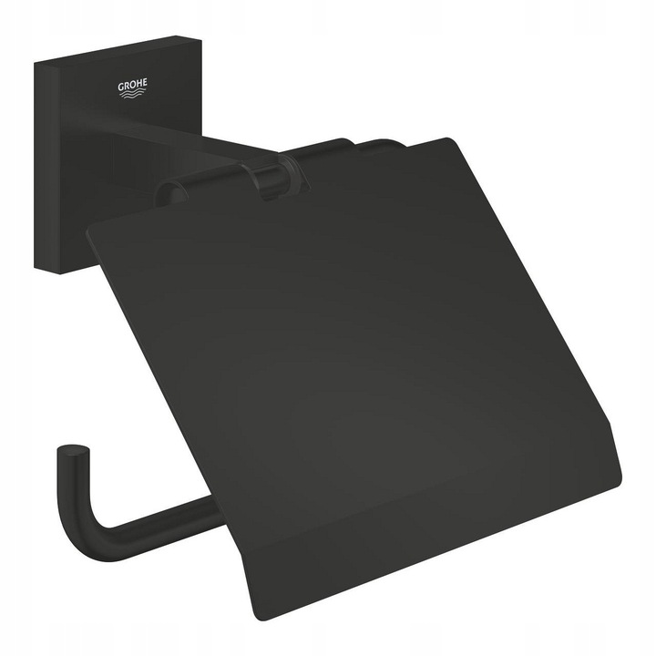 Suport hartie igienica Grohe Start Cube, negru mat, metal, cu capac