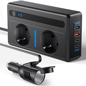 Invertor de Tensiune Auto 12V, Bedee,300w Incarcator auto, LED, Protectie temperatura, Este echipat cu 2 porturi de iesire AC, 2 porturi USB, 2 porturi PD de tip C si 1 port de iesire pentru bricheta, Negru