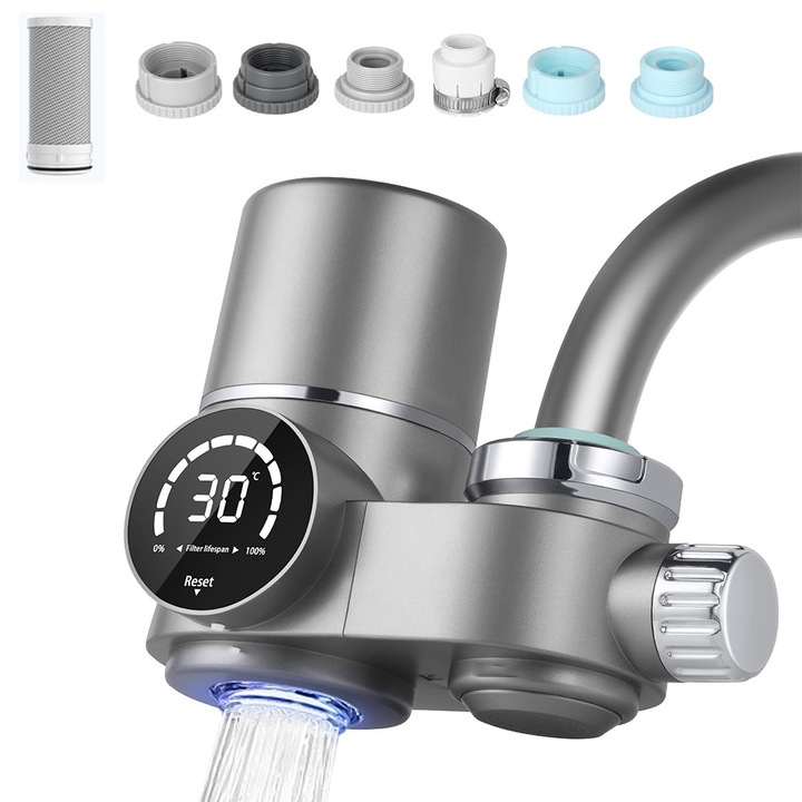 Filtru de apa pentru robinet cu afisaj digital, Bedee, Iesire de apa in mod dual, cu lumina albastra UV, element filtrant din fibra de carbon activat, elimina impuritatile, metalele grele, trateaza apa, Gri