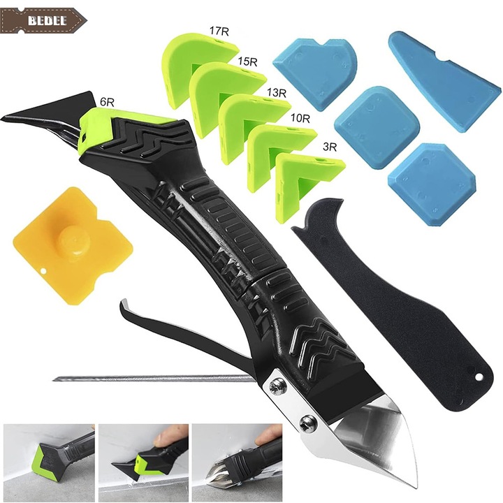 5 in 1Unelte de Indepartare silicon, Bedee,6 pad-uri interschimbabile, ideal la colturi, flexibil, Pentru utilizare in bucatarii, bai, cazi de baie, Multicolor