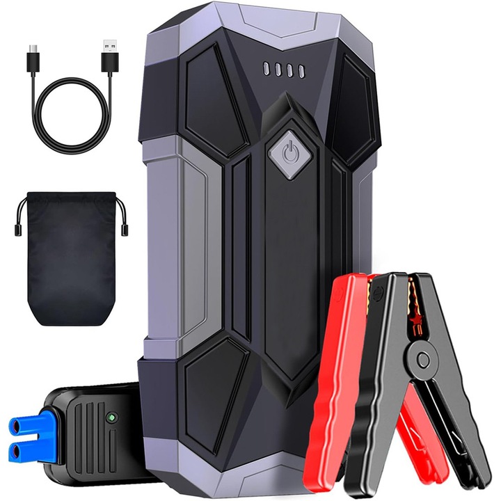 Starter auto multifunctional, Bedee, power bank 4500A, 12V, cu cablu de pornire si 2 iesiri USB, LED, pentru motoare pana la 8.0L benzina sau 8.0L diesel, Negru