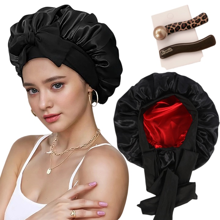 Двуслойна сатенена копринена шапка за сън + 2 гъбички, еластична лента, подходяща за къдрава коса, черна + червена