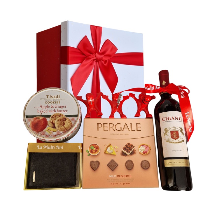 Pachet cadou pentru barbati Happy cu portofel din piele naturala, fursecuri daneze Tivoli, praline de ciocolata, vin Chianti, set haios accesorii vin, cutie decorativa