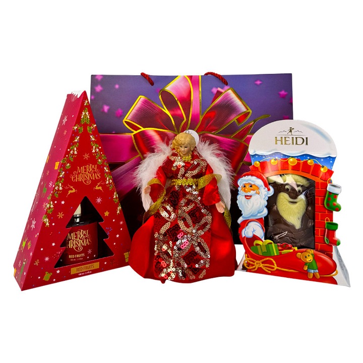 Pachet Christmas Delight, cu odorizant de camera, varf de brad in forma de inger si Mos Craciun de ciocolata Heidi, in punga cadou, Velve