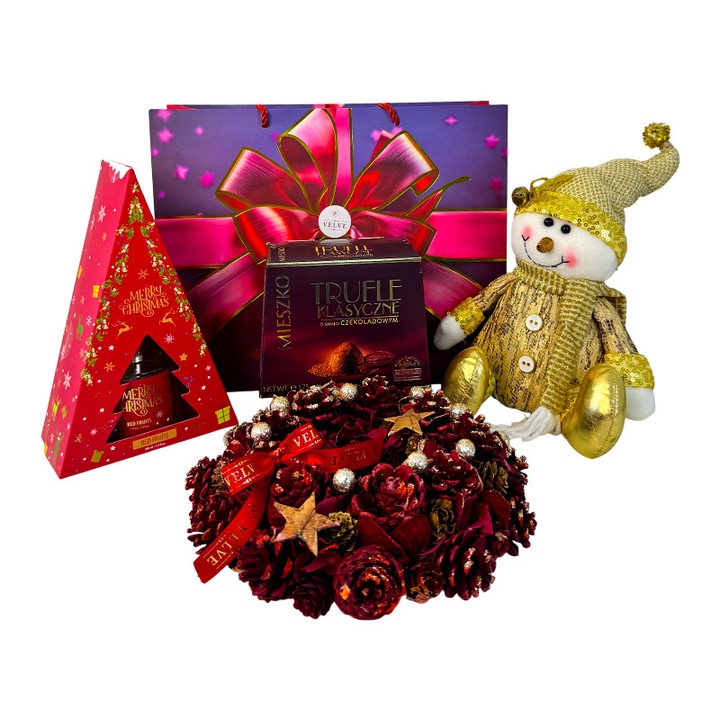 Pachet Christmas Delight, cu figurina Om de zapada, odorizant de camera, coronita decorativa si trufe de ciocolata, in punga cadou, Velve
