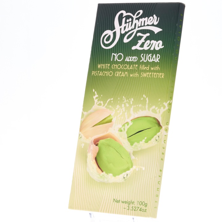 Ciocolata alba FARA ZAHAR cu crema de fistic100g (PRODUSA DE CIOCOLATERIA STUHMER)