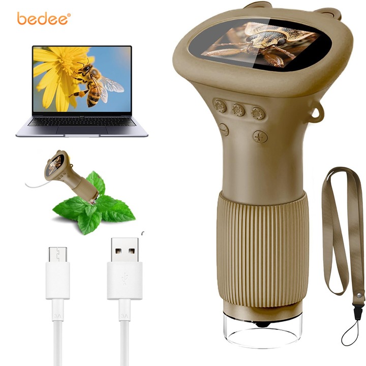 Microscop de buzunar pentru copii, Bedee,1000x magnificare, Afisaj de 2 inci, cu sursa de lumina, Compatibilitate computerizata, USB, portabil, Maro