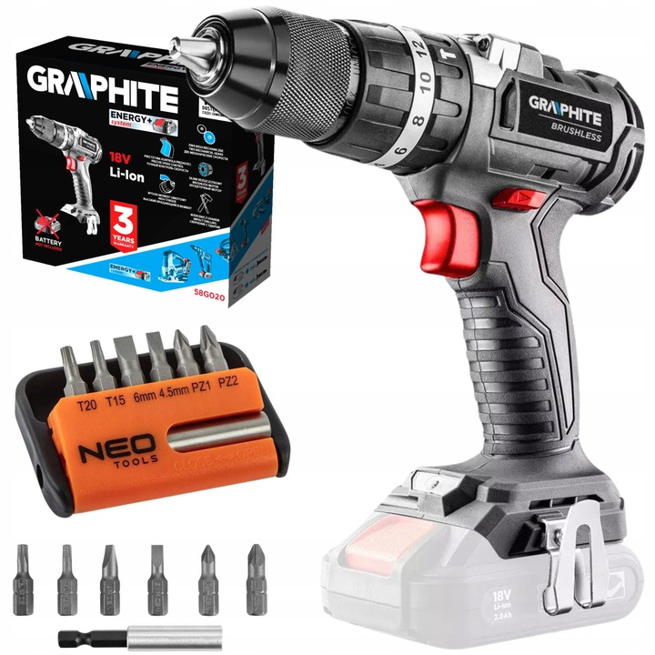 Masina de gaurit/insurubat GRAPHITE 18V fara perii, cu percutie + Set biti