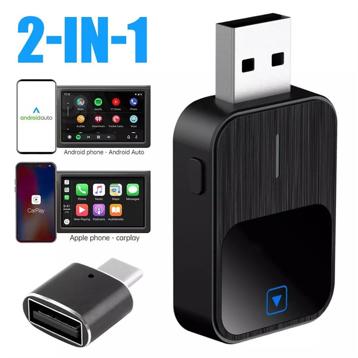 Adaptor Wireless 2 în 1 AjieQaQ Carplay și Android Auto, reconectare automată, negru