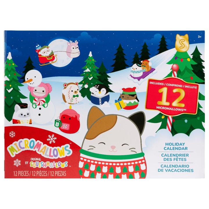 Календар за обратно броене Squishmallows Micromallows за 12 дни 2025, включително котката Cam в коледно издание, празничната коледна елха Tom, Nick като Дядо Коледа, снежния човек Manny и много други