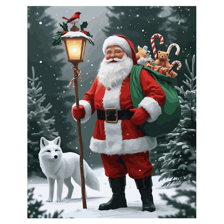 Set pictura pe numere Mos Craciun si vulpita 6198, panza bumbac pe rama lemn, 40x50 cm, tablou cu schita, 3 pensule si vopsea acrilica