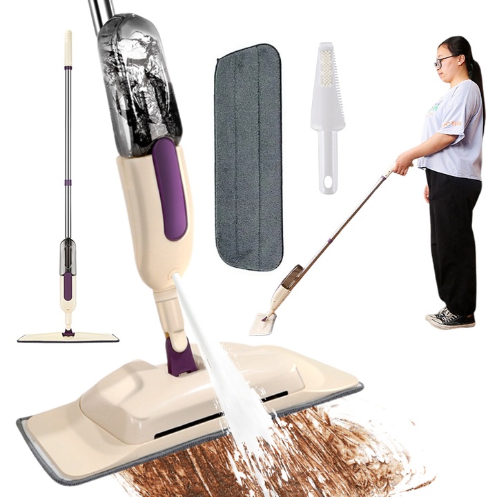 Mop Juksun multifunctional, microfibra, pulverizator integrat, alb, 12x40cm, 125cm