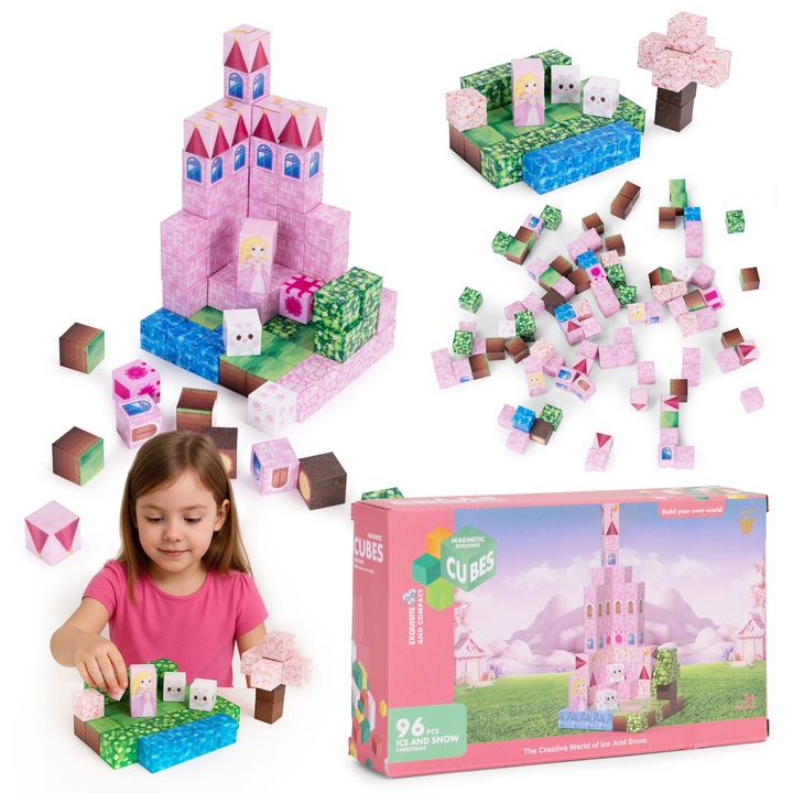 Set de constructie 96 cuburi magnetice "LikeSmart Build World Magnetic Cubes" pentru constructii 3D, creativitate si dezvoltare cognitiva, Roz