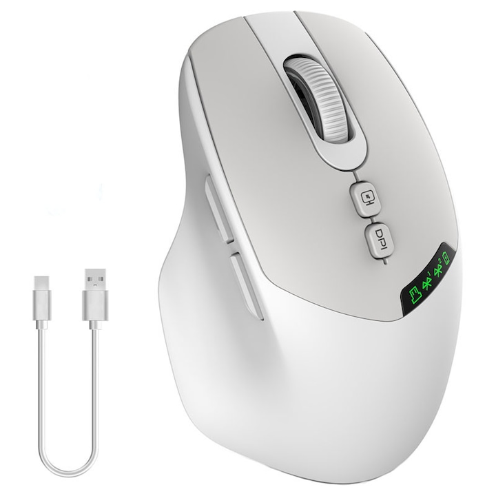 Egér vezeték nélküli, BOMSTOM, Többeszközös, Halk, 500mAh akkumulátor, Bluetooth + 2.4GHz, 7 gomb, 1000 /1600/2000 DPI, Univerzális, Fehér