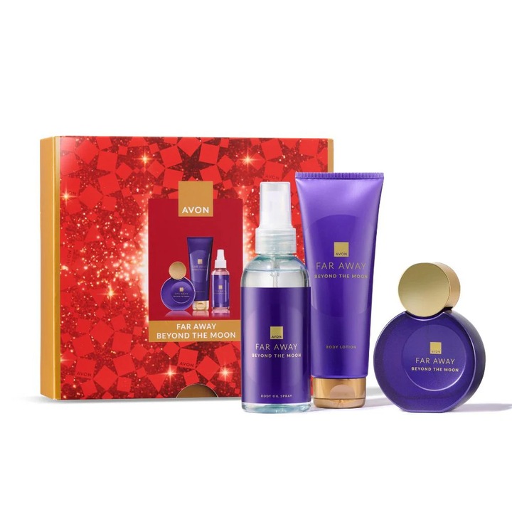 Комплект подарък Avon Far Away Beyond The Moon, парфюм 50 мл, лосион за тяло 125 мл, спрей масло 150 мл, интензивен аромат, дамски, подаръчна кутия