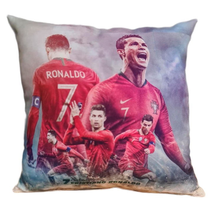 Perna decorativa cu imprimeu Cristiano Ronaldo, poliester, 28x28 cm, multicolor