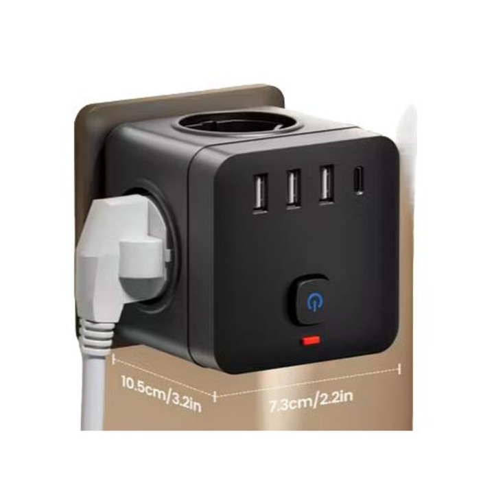 Adaptor prize 7 porturi, negru, forma cub