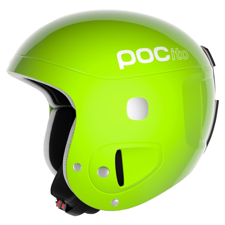 Casca protectoare POCito copii, galben-verde fluorescent, ajustabilă XS/S, include vestă portocalie și lampă LED