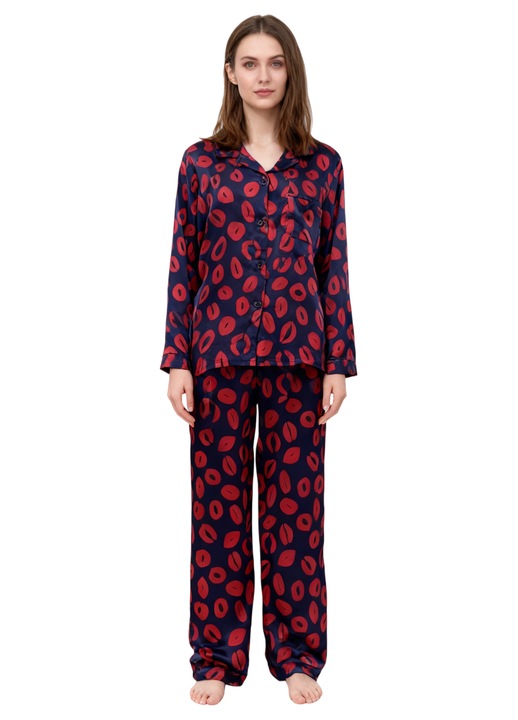 Set pijama dama, poliester, maneca lunga, talie elastica, Albastru marin