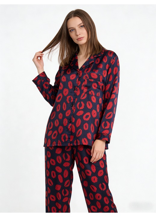 Set pijama dama, poliester, maneca lunga, talie elastica, Albastru marin