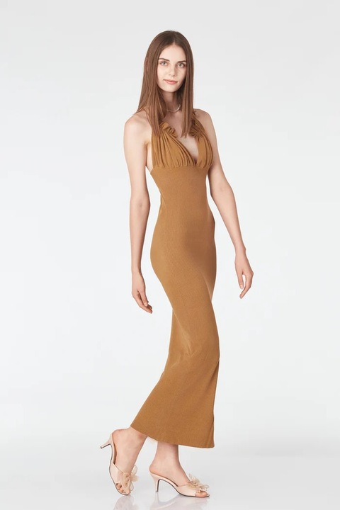 LARA WEAR, Rochie maxi cu croiala cambrata si decolteu in V, Caramel