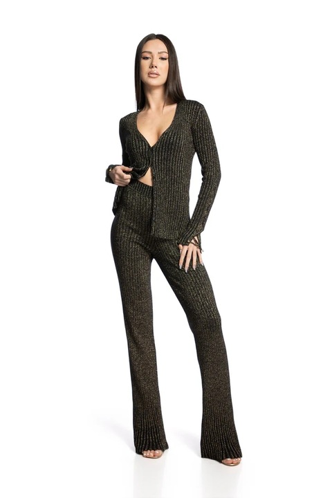 LARA WEAR, Pantaloni bootcut din tricot cu aspect stralucitor, Maro inchis