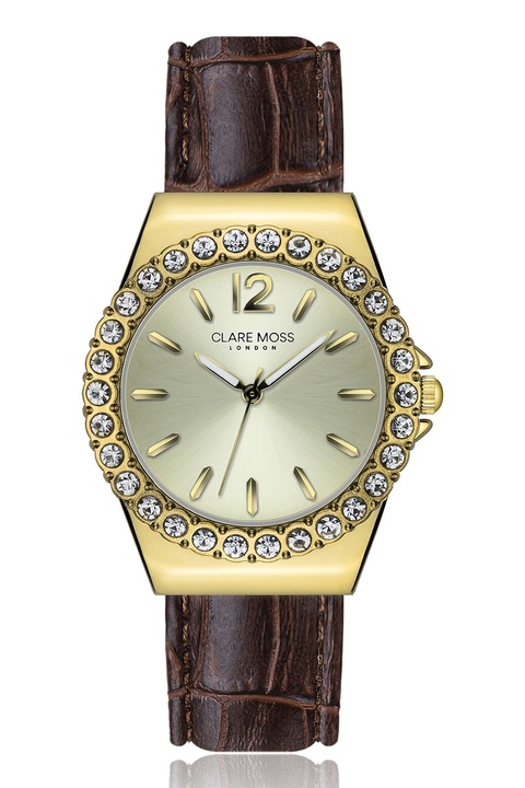 Clare Moss, Bőrszíjas karóra és kristály szett, Sötétbarna